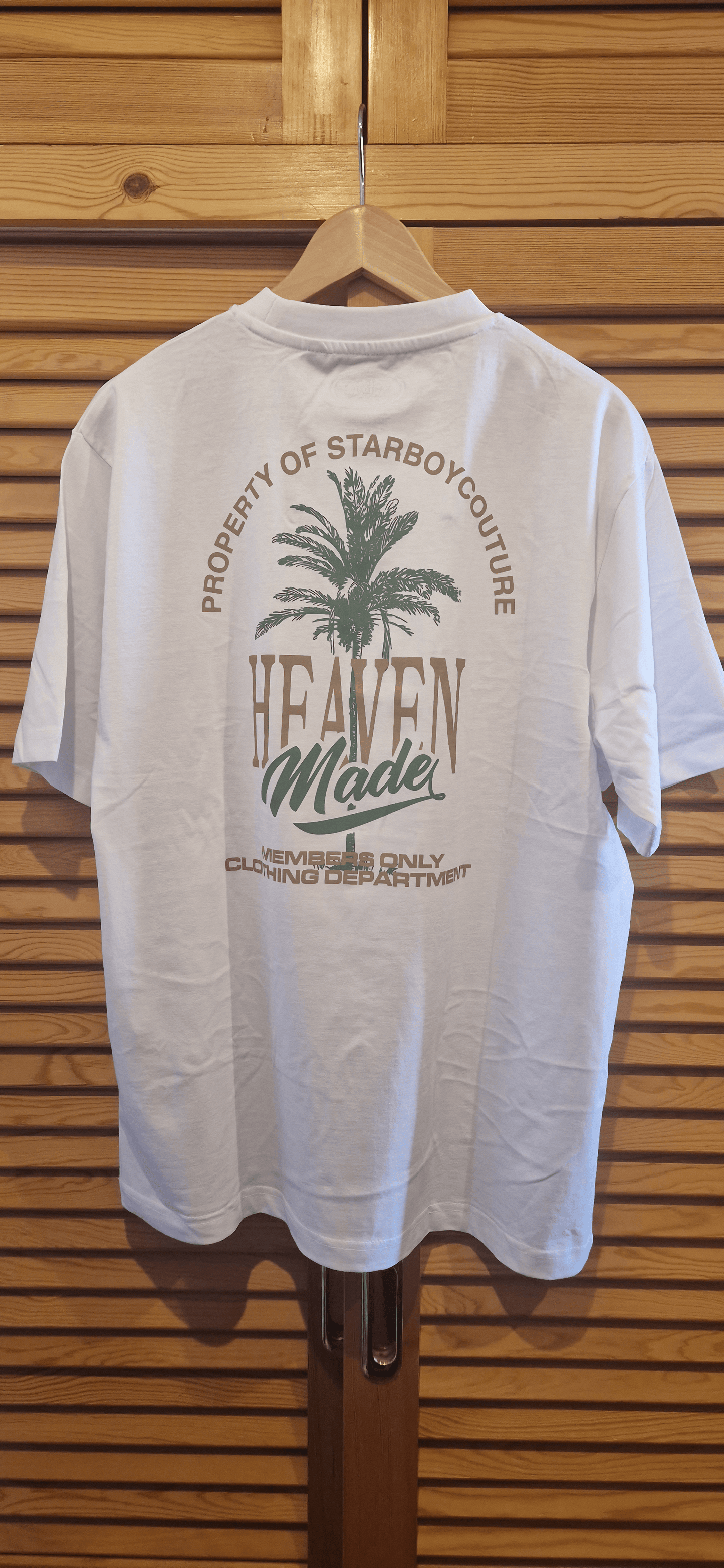 Starboy Couture SBC 'Heaven Made' Tee – white oversized t-shirt with palm-themed back graphic and clean SBCouture front.