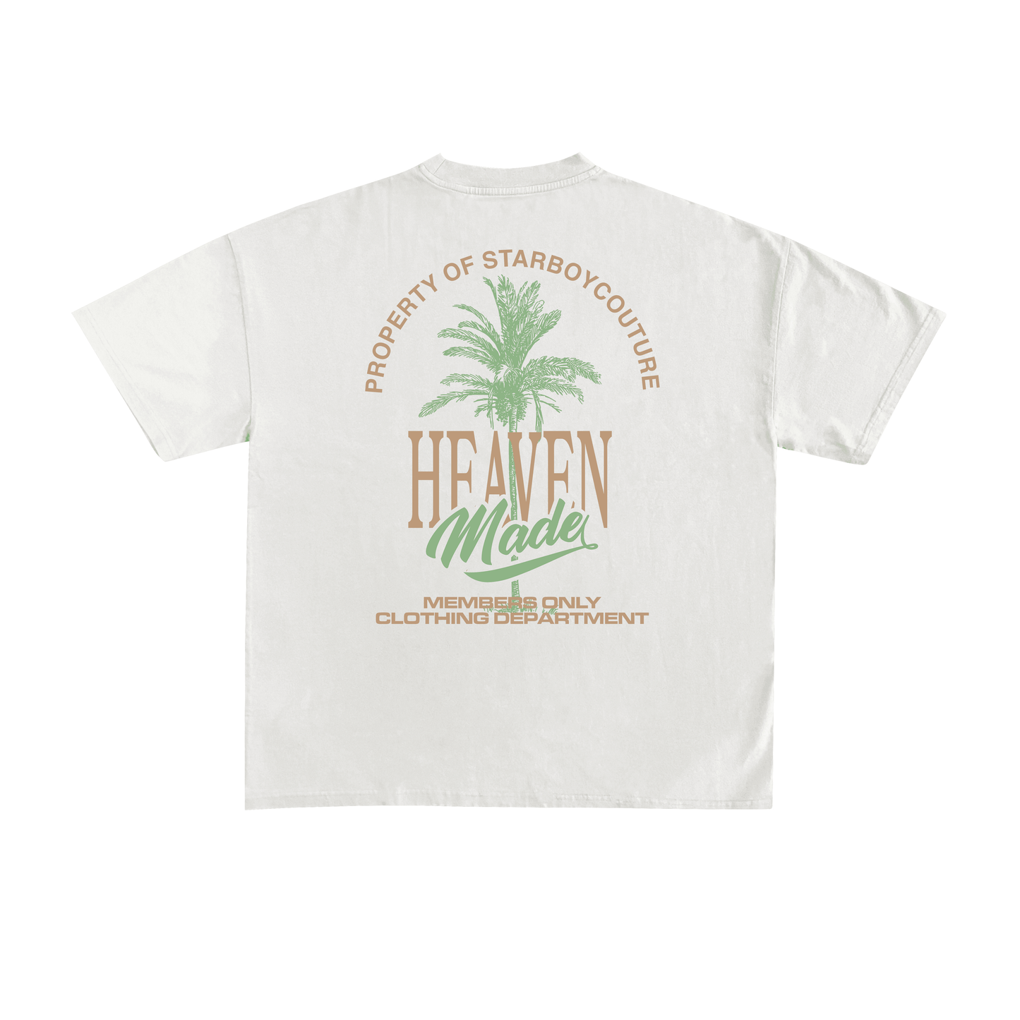 Starboy Couture SBC 'Heaven Made' Tee – white oversized t-shirt with palm-themed back graphic and clean SBCouture front.