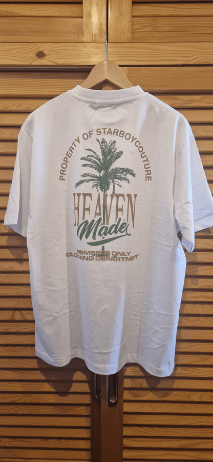 Starboy Couture SBC 'Heaven Made' Tee – white oversized t-shirt with palm-themed back graphic and clean SBCouture front.