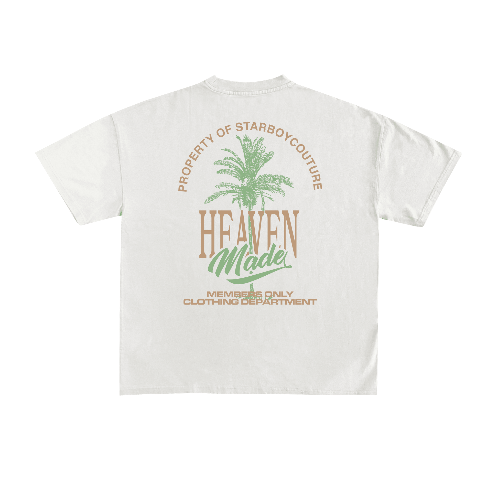 Starboy Couture SBC 'Heaven Made' Tee – white oversized t-shirt with palm-themed back graphic and clean SBCouture front.