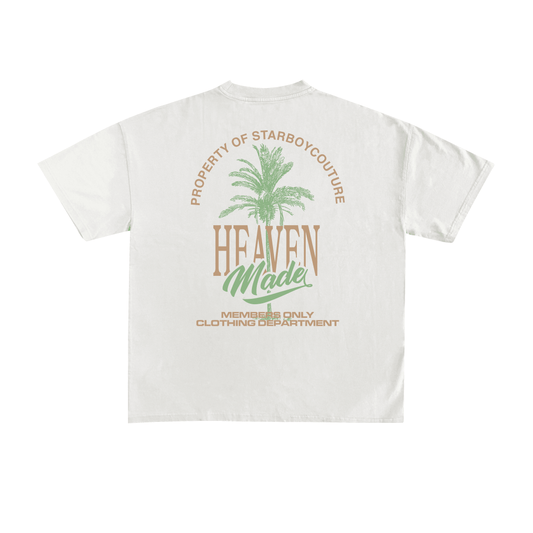 Starboy Couture SBC 'Heaven Made' Tee – white oversized t-shirt with palm-themed back graphic and clean SBCouture front.